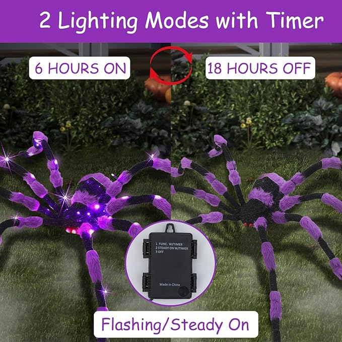 Giant Spider Halloween Decorations, 60” Large Black Hairy Scary Virtual Realistic Spider with 56 LED Purple Lights Red Eyes Timer for Spiderweb Indoor Outdoor Yard Party Halloween Decor