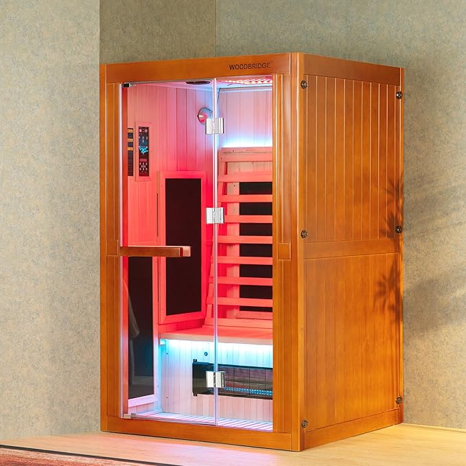 Woodbridge Infrared Home Sauna Room 2 Person Hemlock Wooden Indoor Sauna with 7 Carbon Heaters, Red Light Therapy, Bluetooth Speaker, Intelligent Control Panel, Tempered Glass & Top Vent