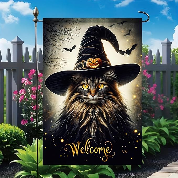 Double Sided Vertical Flag - 12x18 Halloween Cat Garden Flag for Outside, Fall Holiday Outdoor Decorative Flag