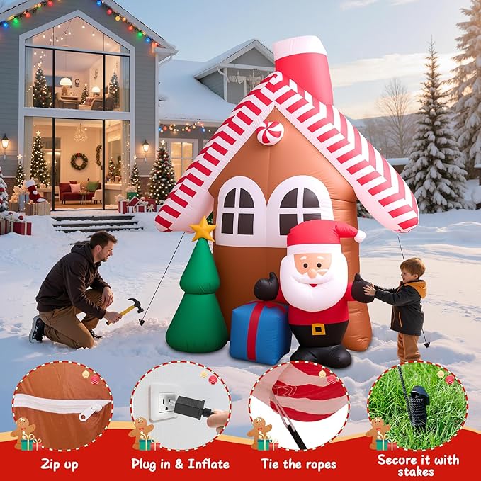 7 FT Christmas Inflatable Candy House with Santa Claus, Tree & Gift Box, Built-in LED Lights, Outdoor Blow Up Yard Decoration for Holiday Lawn Garden Party