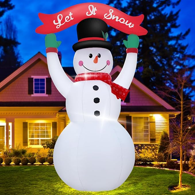 12 Feet Inflatable Christmas Banner Snowman Outdoor Holiday Decoration with LED Lights Christmas Inflatable Decor Seasonal Lawn Garden Entrance Party Décor Happy Festive Atmosphere