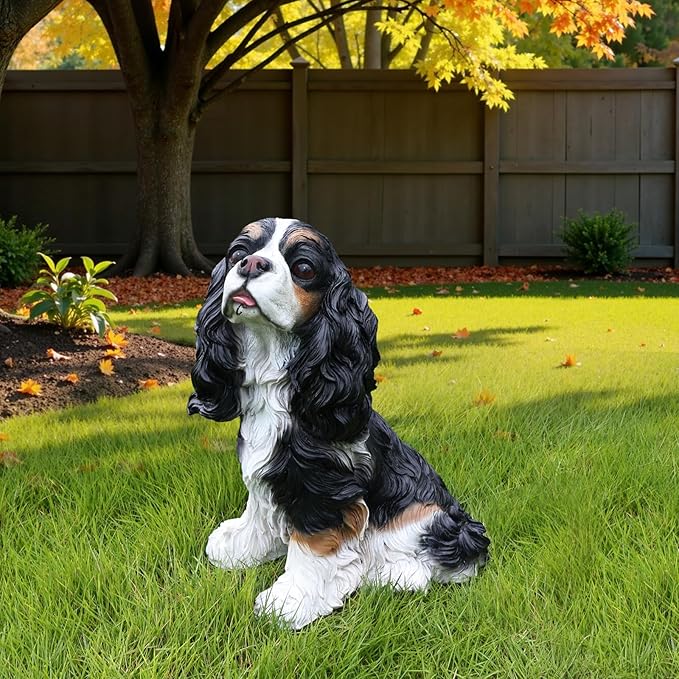 Cavalier King Charles Spaniel Outdoor Dog Statue with Reversible “Welcome/ON Patrol” Hanging Plaque and Solar Porch Lantern, Black & White Sitting