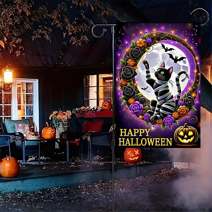 Trick or Treat Halloween Garden Flag for Outside, Black Cat Garden Flag 12x18 Double Sided Vertical Kitten Yard Flag for Outside Halloween Winter Lawn Farmhouse Patio Banner