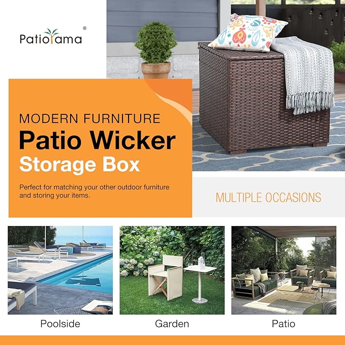 Patiorama 88 Gallon Wicker Deck Box, Indoor/Outdoor Storage Box for Patio Cushions, and Gardening Tools- Resin Rattan Patio Cushion Storage Bin, Brown