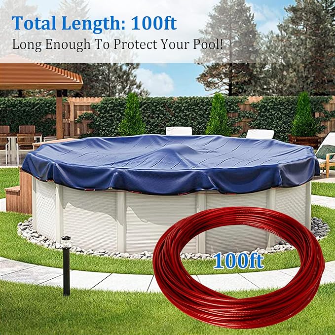 Belleone Swimming Pool Cover Cable and Winch Kit - 100ft Plastic-Coated Steel Pool Cover Wire & Aluminum Spring Loaded Pool Cover Ratchet for Above Ground Swimming Pool Winter Safe