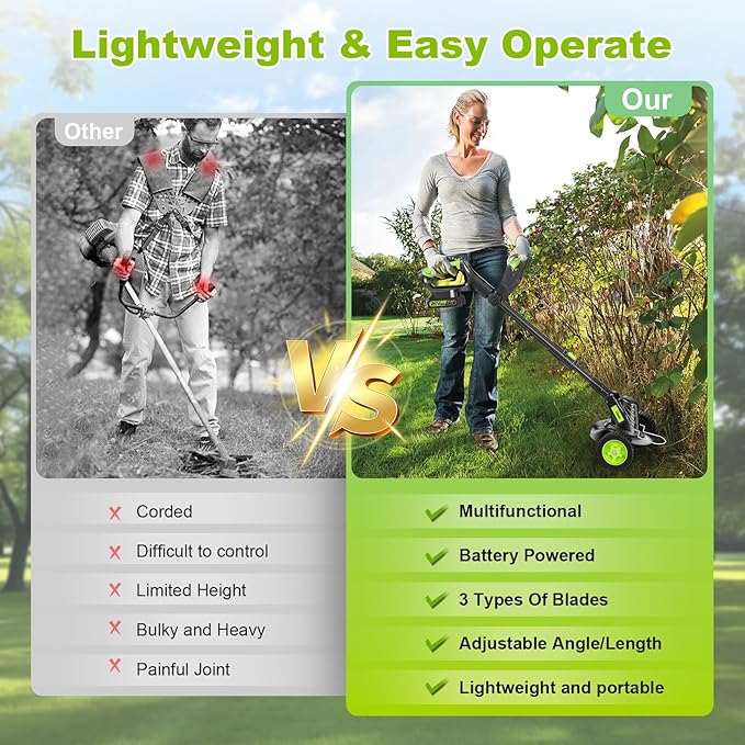 Weed Wacker Cordless, Gisam Brushless String Trimmer with 2 X 2.0Ah Battery, 8" Electric Grass Cutter, 3 in 1 Weed Eater with 3 Types Blade & Wheels for Garden/Lawns