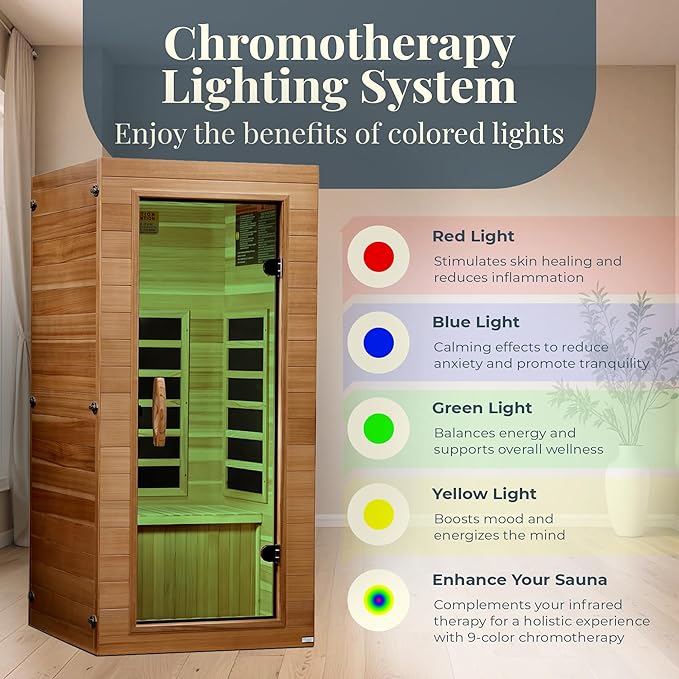 DYNAMIC SAUNAS Elite 1 Person Compact Ultra Low EMF FAR Infrared Sauna with Red Light Therapy & Bluetooth Speakers - Personal Indoor for Home & Gym