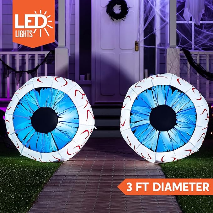 Joiedomi 3Ft Halloween Inflatable Large Set of Eyes, Light Up Eyeball with Build-in LEDs, Blow Up Inflatable for Halloween Party Indoor, Outdoor, Yard, Garden, Lawn Decorations for Yard (Blue)