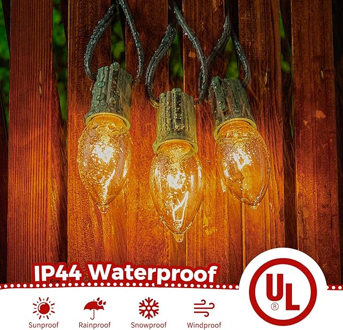 Minetom C9 Clear Christmas String Lights, 50FT 50 Bulbs Bright & Warm Outdoor Christmas Lights, Long Life C9 String Lights for Tree Patio Gazebo Wreath, Green Wire