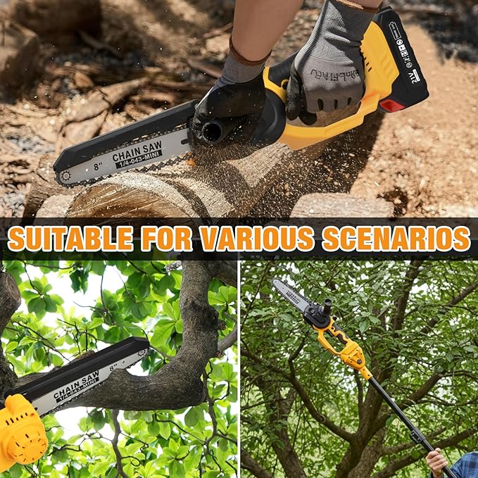 2-in-1 Electric Pole Saw, 6” & 8” Brushless Mini Chainsaw Cordless with Extension Pole & 2 x 21V Batteries, Tree Trimmer Tool for Branch Cutting & Pruning, Home & Garden & DIY