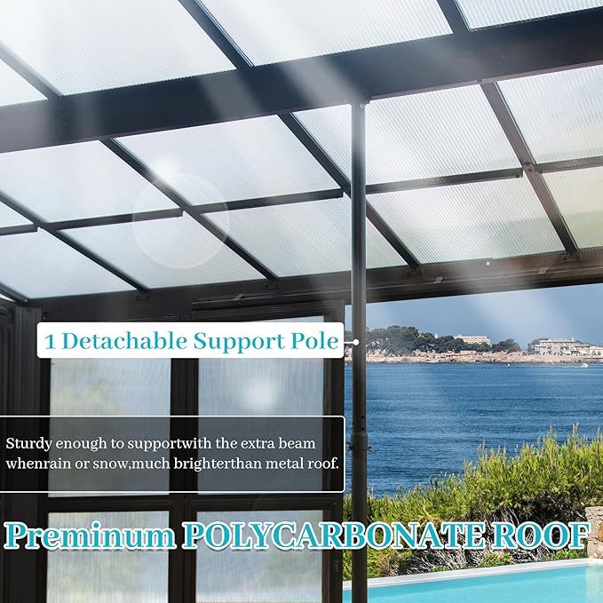 10x14FT Wall Mounted Sunroom Kit All Season, Outdoor Enclosed Gazebo Lean to Solarium with Detachable Polycarbonate Roof/Windows, 2 Lockable Sliding Doors, Permanent Aluminum Sun Room for Patio