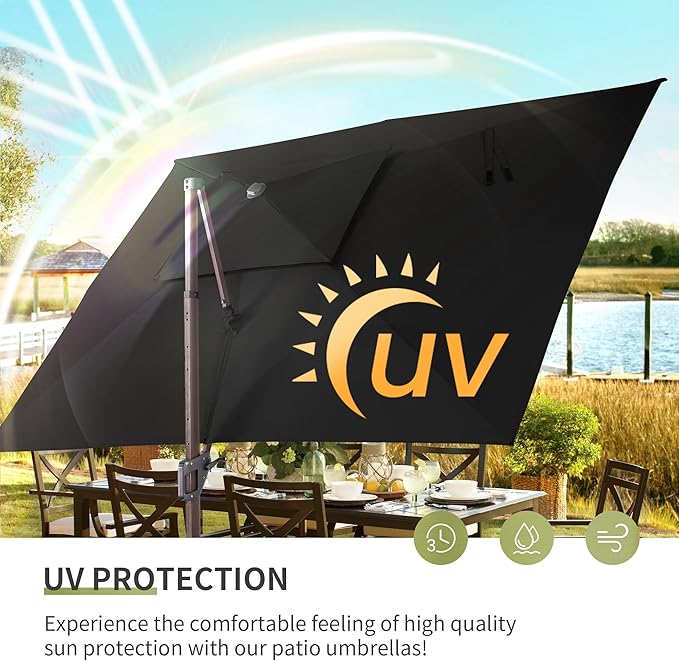 JZAC & QZYD 10 X 13 FT Cantilever Patio Umbrella with Base Included Outdoor Rectangle Offset Large Heavy Duty Double Top Umbrellas with 360° Rotation for Deck Backyard Garden, Black