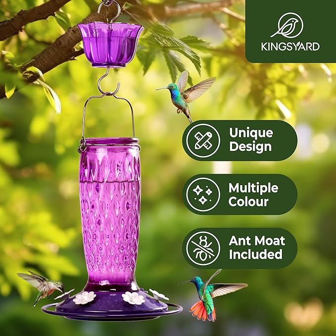 Kingsyard Hummingbird Feeders for Outdoors Hanging, 24 Ounce, Glass Hummingbird Feeder with Ant Moat & 6 Bee Guard Feeding Ports, Leak-Proof, Purple