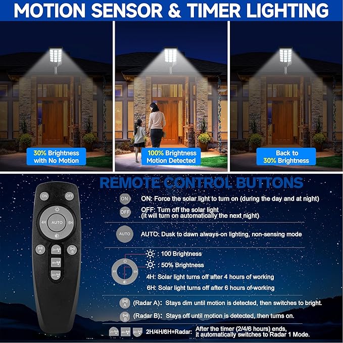 Solar Lights Outdoor for Outside, Waterproof Solar Street Lights Outdoor, 6500K Dusk to Dawn Security Flood Lights Motion Sensor with Remote Control for Yard, 4 Pack