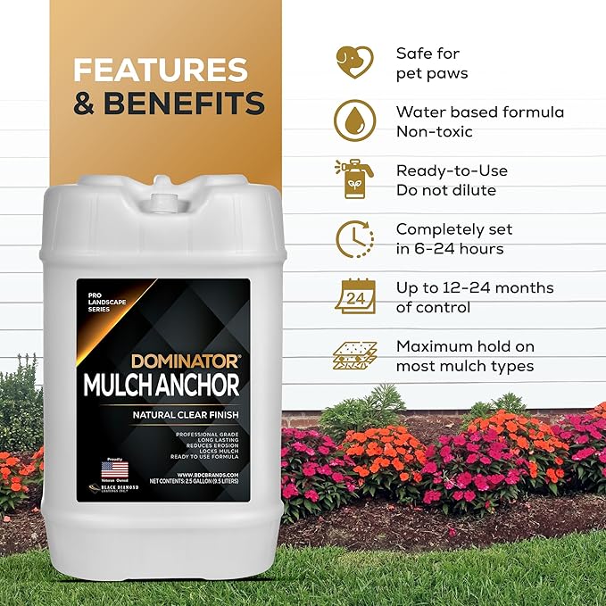 Dominator Mulch Anchor 5 Gallon - Mulch Glue for Landscaping, Pea Gravel & Rock Stabilizer Glue, Ready to Use Spray, Lasts up to 2 Years, Fast-Dry, Non-Toxic