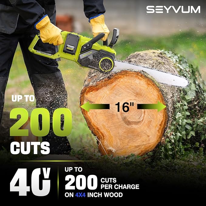 SEYVUM Brushless 40V 16 Inch Chainsaw with 2 x 4.0Ah Batteries, Electric Chain Saw Cordless with Tool-free Chain Tension, Auto Oiling, Heavy-Duty for Tree Felling, Firewood Cutting, Pruning