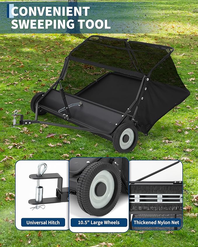 42" Lawn Sweeper Tow Behind, Heavy Duty Yard Sweeper Pull Behind with 21 Cu.Ft Large Hopper & Adjustable Sweeping Height, Universal Leaf Grass Collector for Tractor ATV UTV, Black
