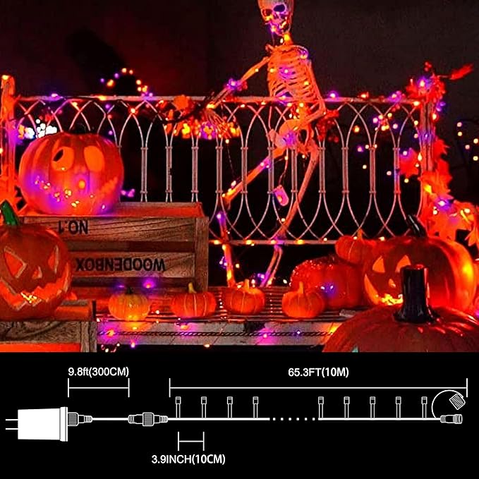 33ft Halloween Decorative Mini Lights, 100 LED Transparent Wire Fairy Starry String Lights Plug in, 12 Lighting Modes, for Halloween Decoration Outdoor Party Decoration (Orange and Purple)