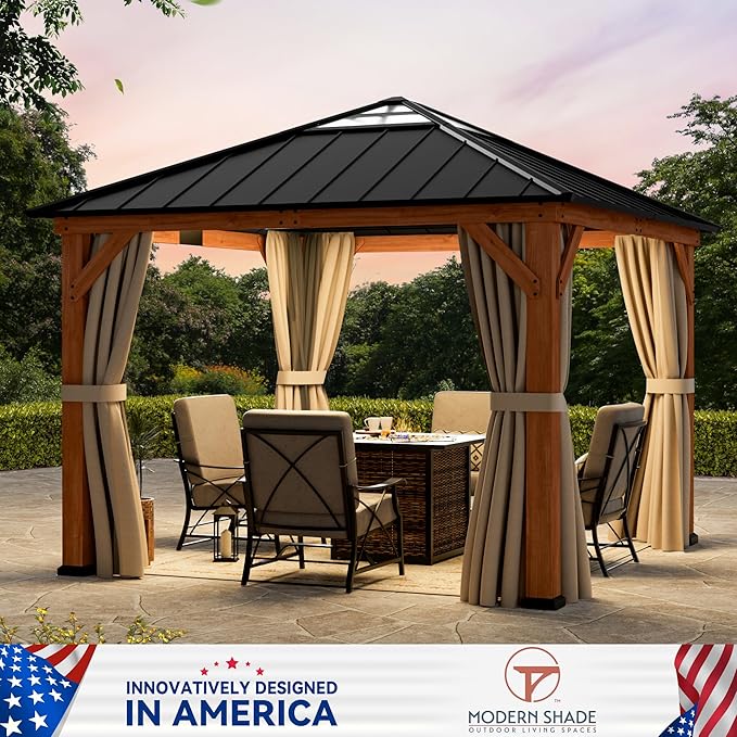 Modern Shade Tranquil Grove Wood Gazebo 11' x 11', Wooden Gazebo with Polycarbonate Hip Roof Hardtop, Mosquito Netting and Curtains, Permanent Hardtop Pavilion with Sturdy Hooks for Garden, Backyard