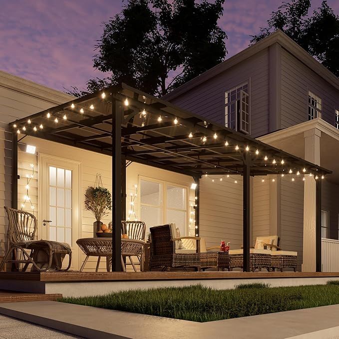 MEISSALIVVE 12' x 16' Wall Mounted Lean to Metal Awning with Sloped Roof for Outdoor Patio Backyard & Deck - Black