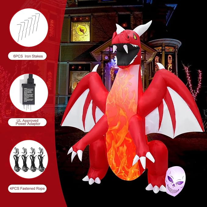 DearSun 8FT H Halloween Inflatable Dragon with Skull Next to The Foot, Blow up Dragon Inflatable with Red Flame lamp Inside Outdoor Decorations Large Party Yard Decoration