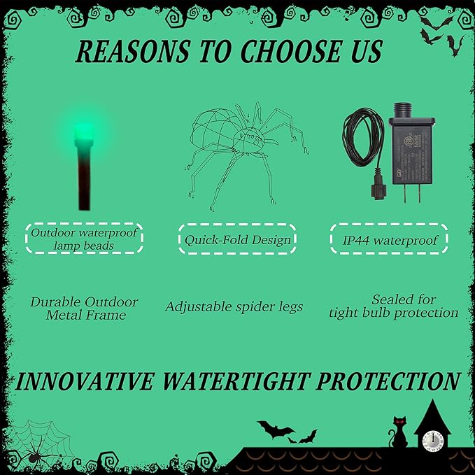 【1 Piece】 4.6Ft Giant Spider Halloween Decorations Outdoor 55" Light Up Spider with 90 LED Lights for Front Yard, Porch, Garden, Lawn, Halloween Party (Green)