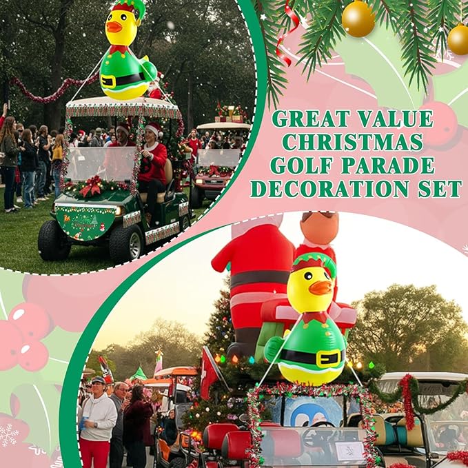 Hungdao 9 Pcs Christmas Golf Cart Parade Decorations Include 1 Pcs 4 Feet Inflatable Giant Duck with Float Bunting Flag Tinsel Garland for Christmas Car Yard Party Decoration