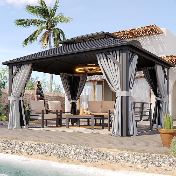 Aoxun Hardtop Gazebo 10x12, Aluminum Frame Canopy with Double Galvanized Steel Roof, Outdoor Gazebo with Breathable Netting and Privacy Curtain for Backyard, with Ground Nails