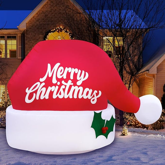 Holidayana Christmas Inflatables Large 4.5ft Tall Merry Christmas Santa Hat - Inflatable Outdoor Decorations Blow Up X-mas Decorations for Yard, Lawn & Garden Internal Lights & Built-in Fan