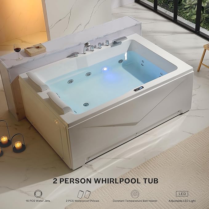 Empava 2 Person Heated Soaking Whirlpool Bathtub, 71” Jetted Tubs with 16 Jets(8 Water Jetted + 8 Air Bubble), Acrylic SPA Bath Tub, with LED control panel, Faucet and two white pillows