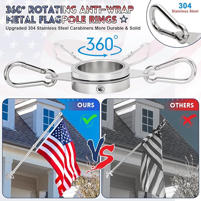 REERON Flag Pole for House, 6 FT Stainless Steel Spinning Flag Pole Kit, 1" Rustproof Porch Flagpole with 360° Tangle Free Metal Flagpole Rings & 2-Position Bracket for Outdoor Sport for 3x5 Flags