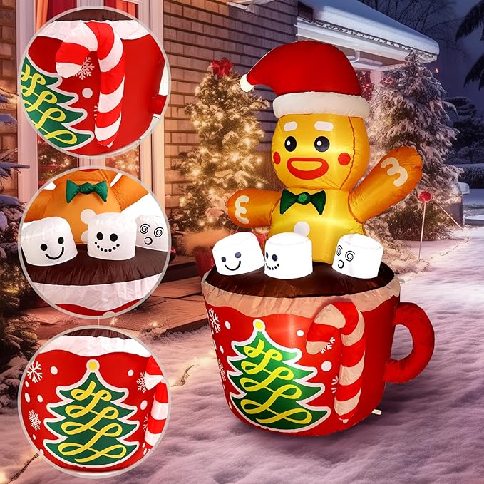 WBHome 5 Ft Christmas Inflatable Gingerbread Man in Cocoa Outdoor Decorations, Xmas Blow Up Yard Decor with Built-in LED Light for Lawn Home Party Indoor Outdoor