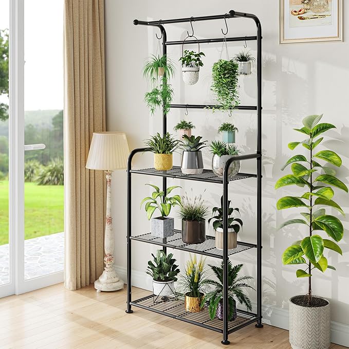 Plant Stand Outdoor Indoor, Metal 3 Tiered Tall Hanging Plant Shelf Heavy Duty for Multiple Flower Planter Holder 67" Large Rack for Living Room Garden Balcony, Black