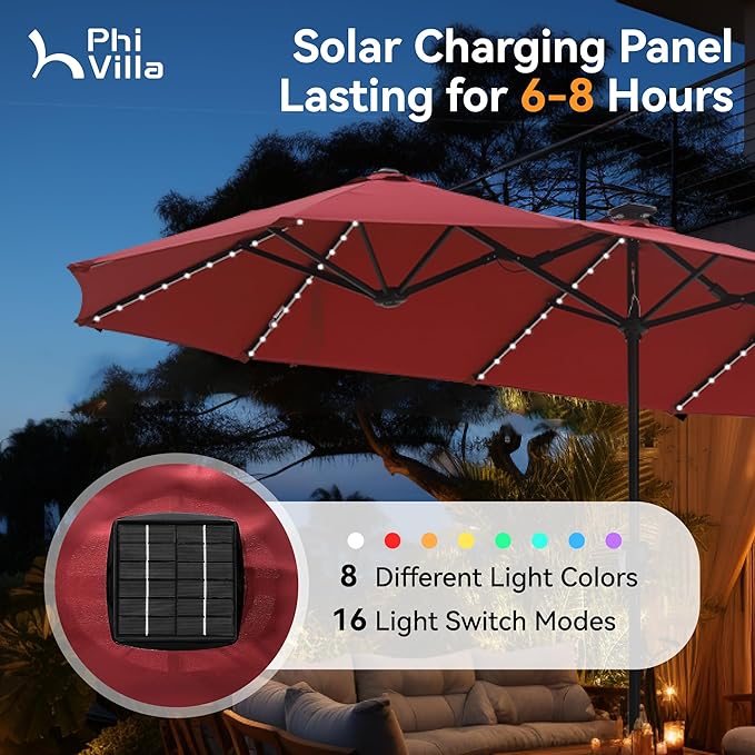 PHI VILLA 13ft Patio Umbrella with Solar-Powered 120 PCS LED Color-Changing Lights, Triple-Head Large Rectangle Umbrella Outdoor Patio for Table with Crank Lift,Red(No Base)