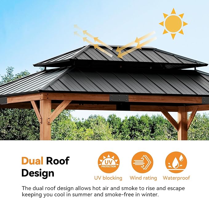 Modern Shade Rosewood Wood Gazebo 12' x 16', Cedar Framed Grill Gazebo with Double Galvanized Steel Roof, Mosquito Netting and Curtains, Permanent Hardtop with Sturdy Hooks for Garden, Backyard, Patio