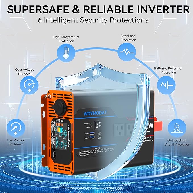 1000W Pure Sine Wave Inverter, Car Power Inverter 12V to 110V 120V, DC to AC Converter Generator with AC Outlets 3.0A USB Type-C, Remote Controller LCD Display Truck Inversor for Vehicles, RV