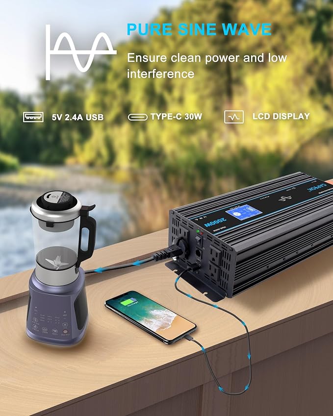 2000W Pure Sine Wave Inverter DC 12V AC 120V Double LCD Screen Remote Control Power Inverter 30W USB-C 4AC Outlets for RV, Home, Solar System