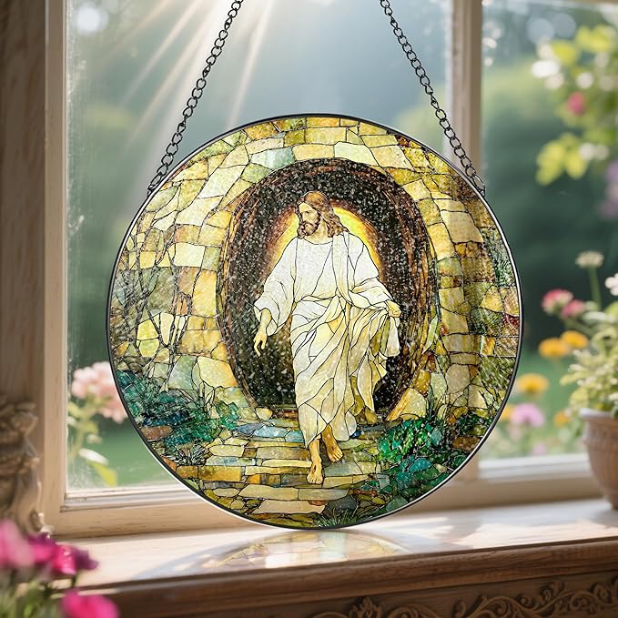 8 Inch He is Risen Resurrection of Jesus Sun Catchers, Stained Glass Window Hanging, Stained Glass Suncatchers for Windows, Christian Home Decor and Christmas, Christian Gift, Religious Gift