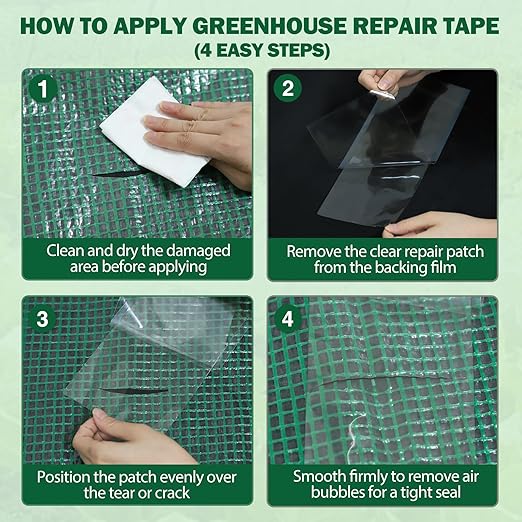 EAGLE PEAK Greenhouse Repair Tape 4”x10”, Heavy Duty Clear Waterproof Patch Kit, Sealing Tape for Greenhouse Film, Tent, Awning, RV Roof Repair, 4 Pack, Clear