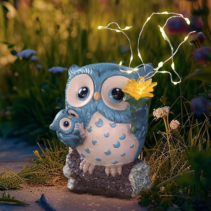 Solar Garden Statues Outdoor Decor, Fairy Owl Statue Garden Decor, Resin Yard Decorations Outdoor for Patio, Porch, Balcony, Lawn Ornaments, House Warming Birthday Gifts for Mom Women Grandma