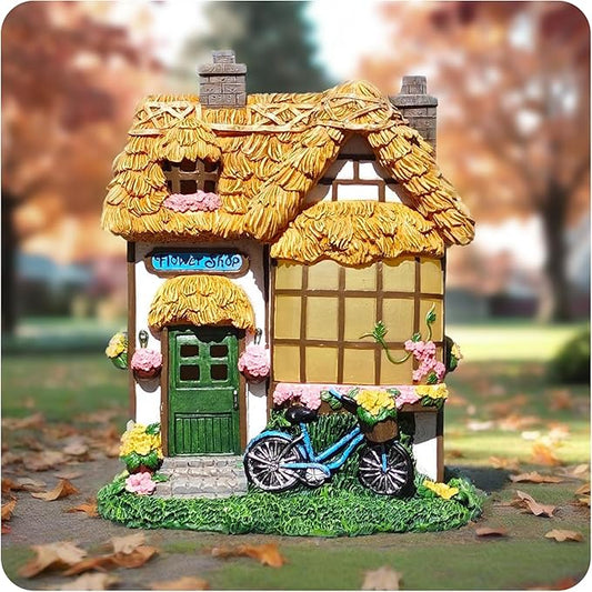 Rustic Thatched Flower Shop Resin Cottage – Fairy House Garden Statues Outdoor, Solar-Powered Warm Lights,Weatherproof, Spring Vines & Bicycle Décor,Perfect Home Gifts for Mom Wife Grandma