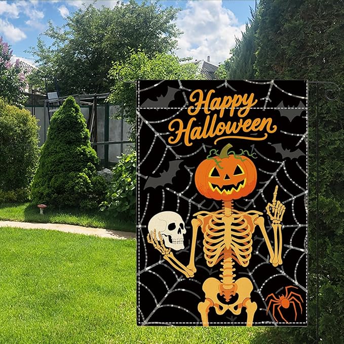 Happy Halloween Garden Flag Skeleton Pumpkins Fall Halloween Themed Holiday Party Outside Outdoor Lawn Decorations Yard Flag Double Sided 12x18 Inch