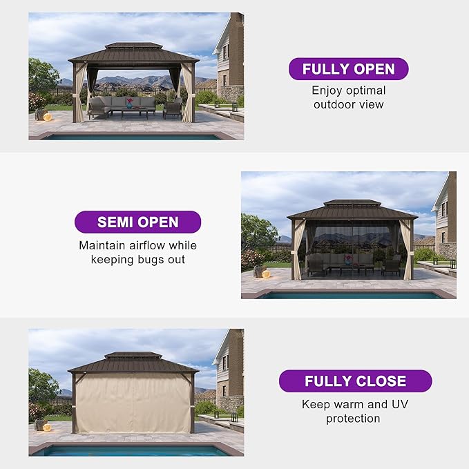 PURPLE LEAF 10’ X 14’ Outdoor Hardtop Gazebo Metal Frame Galvanized Steel Double Roof with Curtains and Nettings for Patio Desk Backyard Bronze
