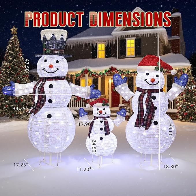 3-Piece 3D Lighted Snowman Family Set Outdoor Christmas Decorations Weather-Resistant Christmas Collapsible Snowmen Yard Decor for Yard Patio with LED Lights & Stakes
