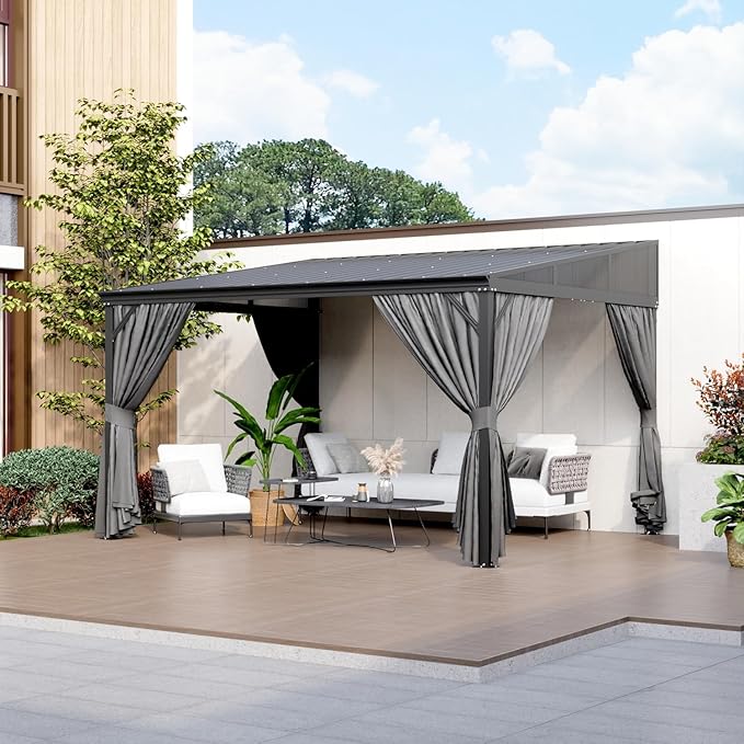 MOUMON 10x12Ft Hardtop Gazebo, Aluminum Frame Wall Mount Outdoor Gazebo with Netting & Curtains, Sloping Galvanized Iron Roof, Sun Shade Pergola Canopy for Patio Garden Backyard, Black Grey