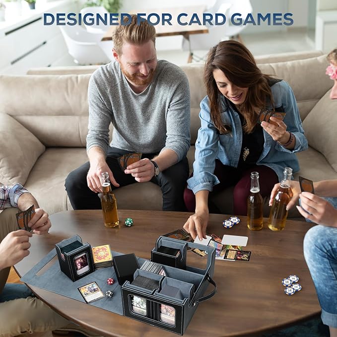 Trading Card Storage Box for MTG, card storage box with Commander Display，Multi-purpose Deck Case for MTG TCG Sports Card, 4 Toploaders, 4 Stoppers, 4 Colorful Dividers (Black & Grey)