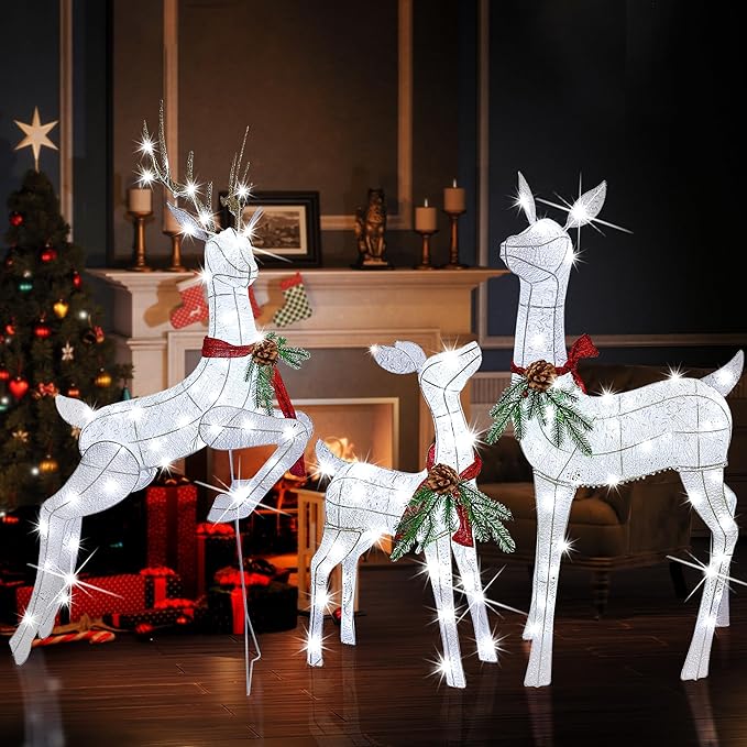 Lulu Home Set of 3 Pre-lit White Reindeer with 255 LEDs Clear White Lights, 3D Light Up Glittered Standing Reindeer Family for Xmas Lighted Holiday Display Indoor Outdoor
