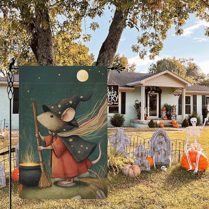 Witchy Rattie Garden Flag Halloween Holiday Garden Flag Vertical Double Sided Rustic Farmland Burlap Yard Lawn Outdoor Decor 12.5x18"