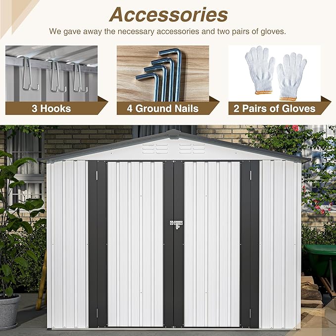 Spacious 8 x 6 ft Outdoor Storage Shed, All Weather Metal Sheds with 2 Lockable Doors, Tool Shed for Garden, Backyard, Lawn,White
