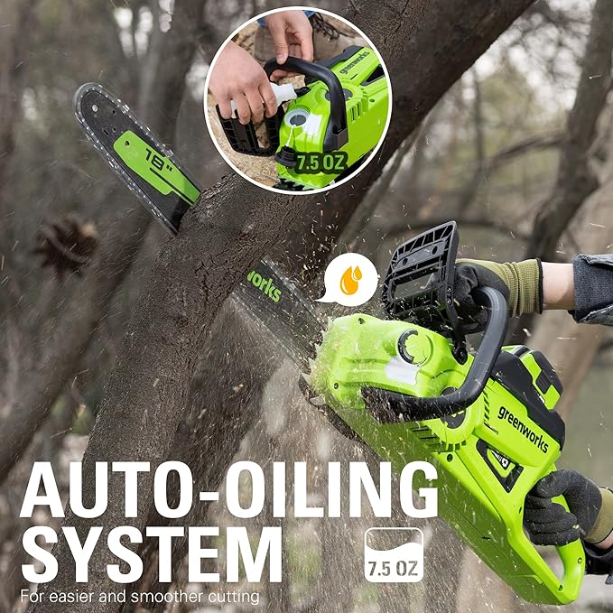 Greenworks 40V 18" Brushless Cordless Chainsaw (Great For Tree Felling, Limbing, Pruning, and Firewood), 8.0Ah Battery and Rapid Charger Included